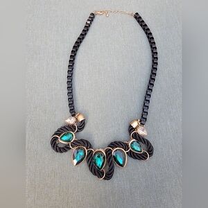 Black Chain Necklace with Statement Gold And Faux Emerald Pendant